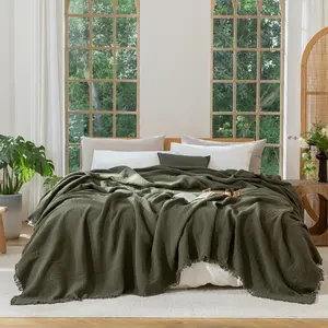 Muslin Blanket - 100% Cotton 4-Layer Gauze Throw Blanket with Tassels-Soft Breathable Lightweight Cooling for Bed Couch (Olive Green,Oversizedd Queen 98" x 98")