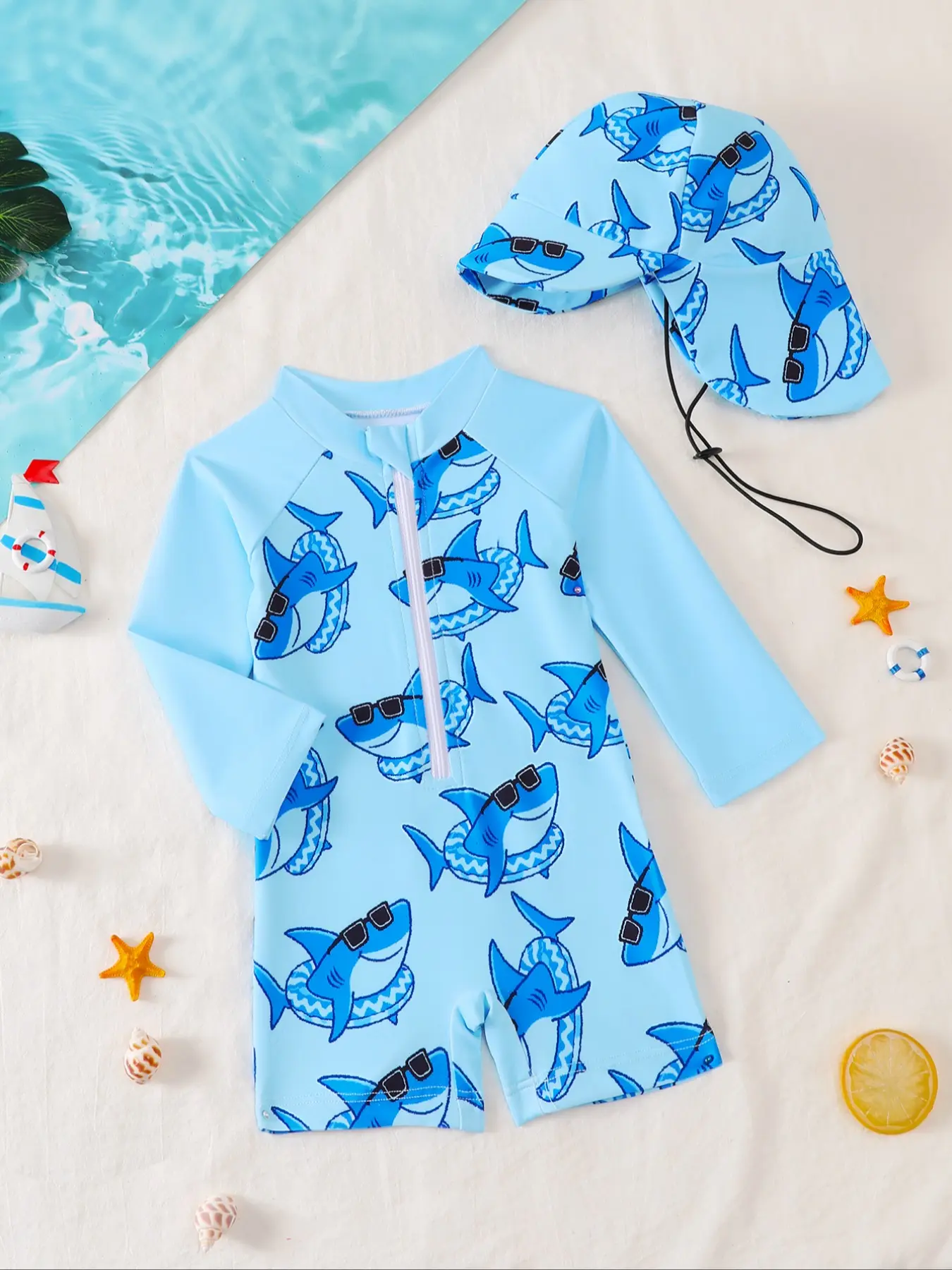 Boys' Cartoon Print Long Sleeve One-Piece Rashguard Swimsuit with Matching Sun Hat, Cute Baby Swimwear, Childrens Swimwear, Toddler Swimsuit, Toddler Bathing Suit, Summer Beach Wear