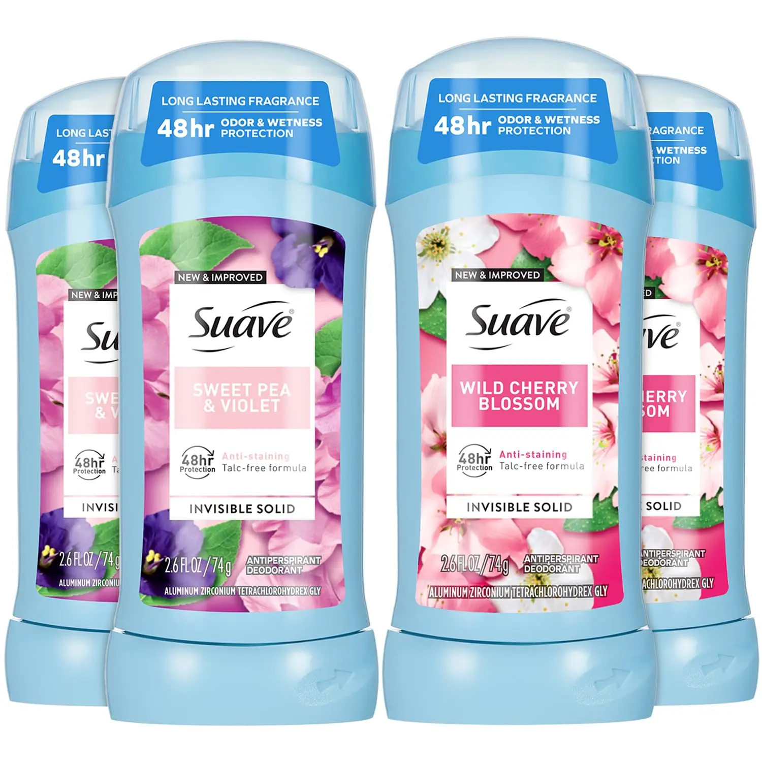 Suave Invisible Solid Deodorant 4-Pack, 2.6 Oz Ea - Wild Cherry Blossom & Sweet Pea Scents, Anti-Staining, 48-Hour Sweat & Odor Protection, Talc-Free