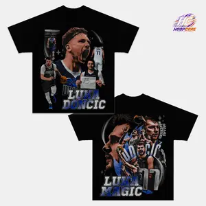 Luka Magic Graphic Tee, Vintage Basketball Star T-Shirt, No. 77 Court Action Fan Merch, Double Sided Photo Tee, Blue Silver Hoops Collage Shirt, Basketball Lover Gift, Streetwear Unisex Cotton T-Shirt