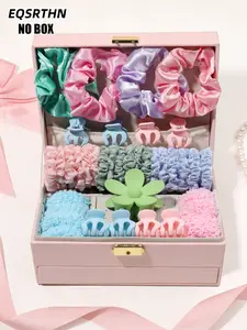 38pcs Rainbow Girl Hair Accessory Set (No box) includes colorful satin/mesh large intestinal hair bands, flower clips, and high-elasticity hair strings for stable grip and no hair constriction, suitable for children and girls', Hair Accessories Sets