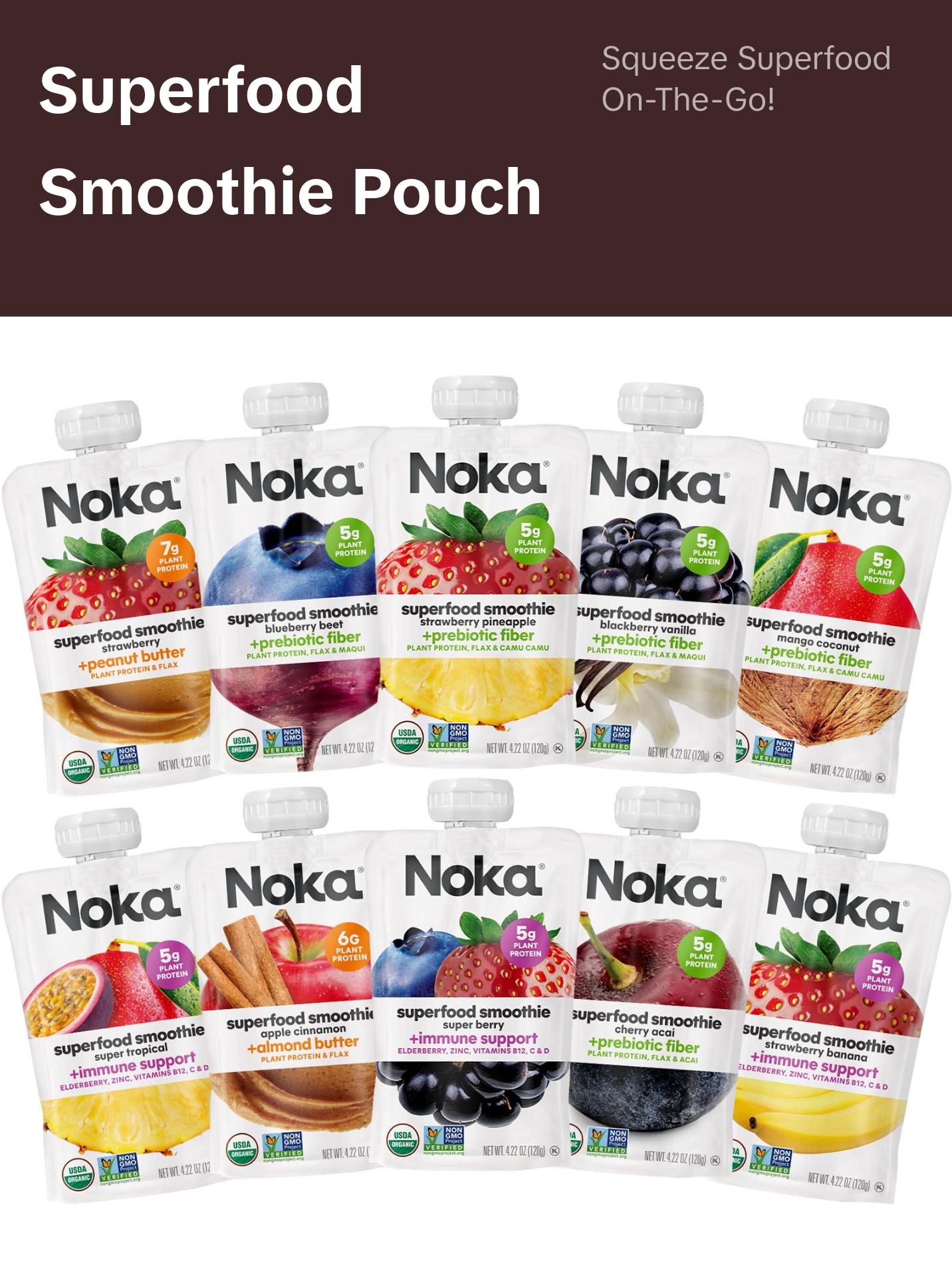 Noka Superfood Fruit Smoothie Pouches, Plant Protein and Prebiotic