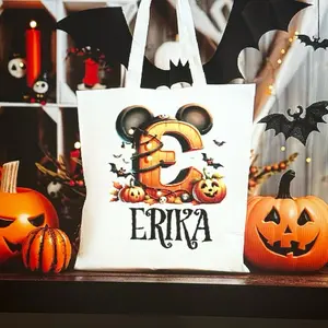 Personalized Kids Halloween Tote Bag - Custom Design with Mickey Mouse E Design & Name - Perfect for Halloween Activities or Treats