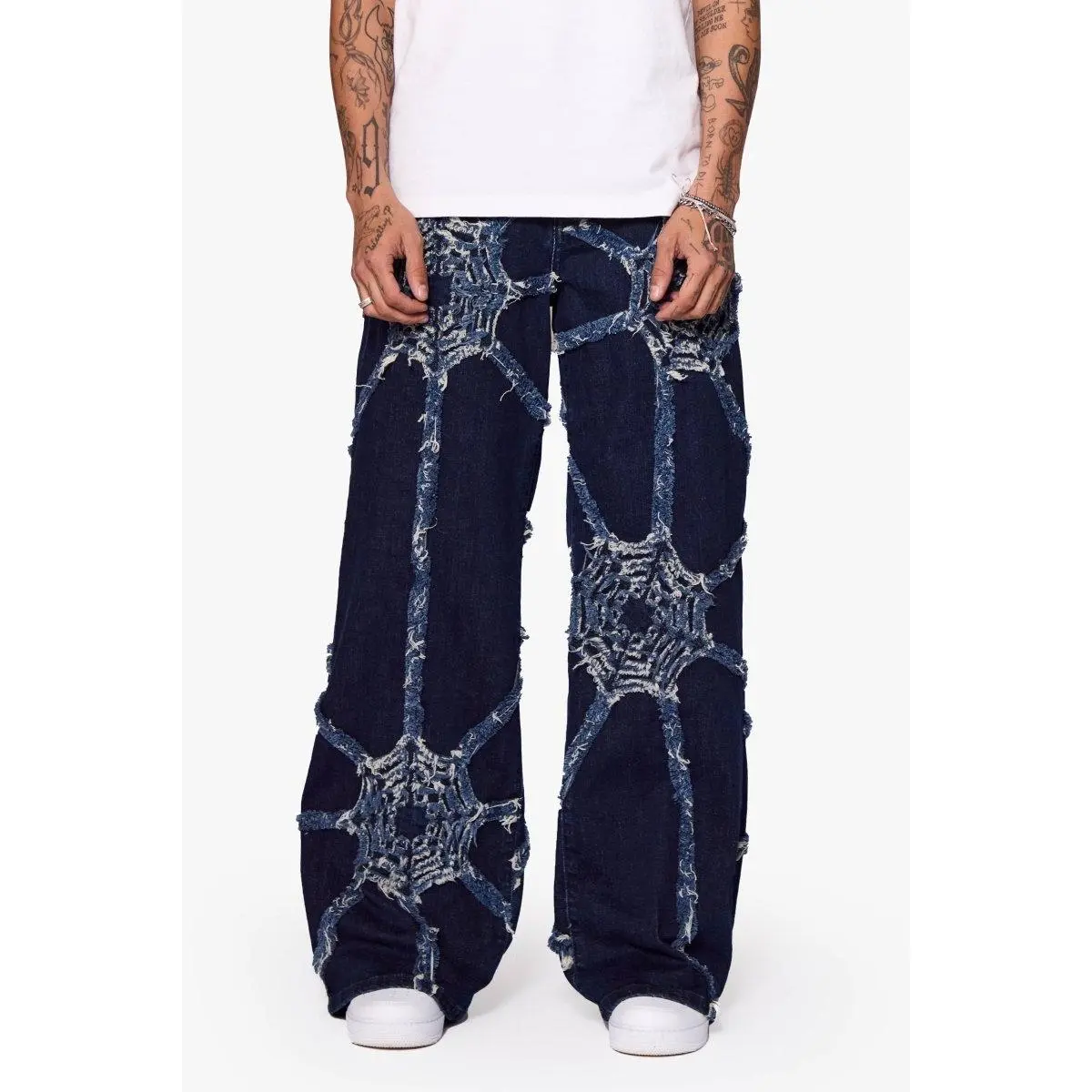 Women's Stylish Baggy Oversize Dark Blue Denim Streetwear Jeans - Geometric Checkered Pattern, Relaxed Fit Twist Bottom Piece, Casual, Statement, Bottoms, Pants, Baggy Fit, Chessboard, Oversized, Baggy Wide Leg Jeans