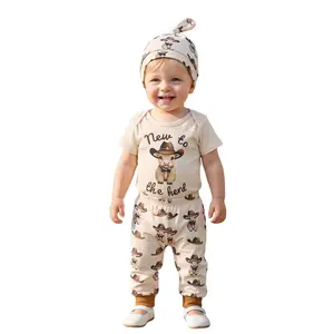 New to the Herd Baby Boy Cowboy Outfit Western Highland Cow Print Bodysuit Jogger Pants Hat Set Cute Newborn Coming Home Summer Clothes Announcement