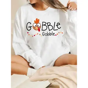 Thanksgiving "Gobble" Turkey Print Casual Crew Neck Long Sleeve T-Shirt for Women Plus Size Fabric: Medium Stretch Knit Fabric Features: Fashionable & Trendy, Must-Have for the Holiday