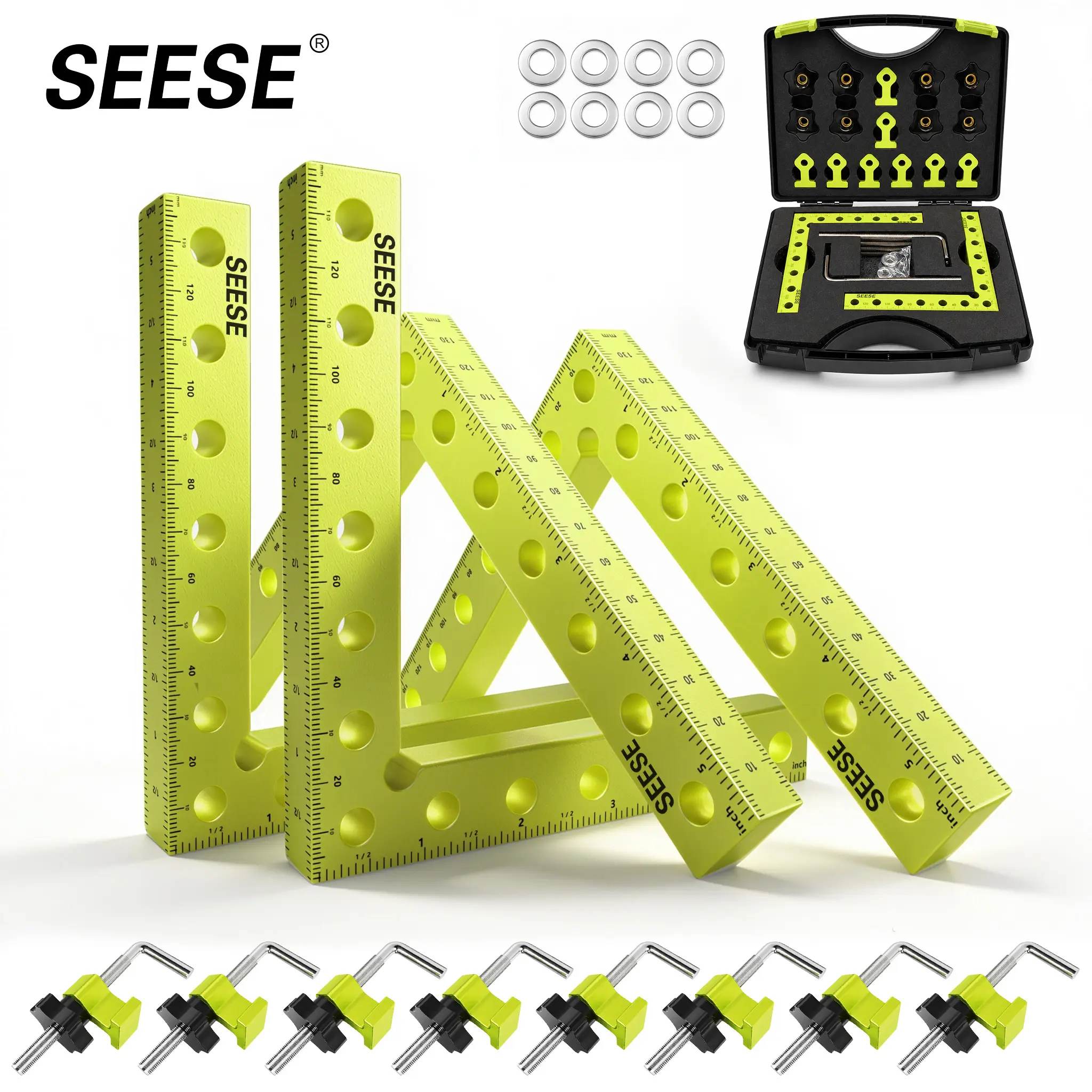 SEESE Corner Clamps for Woodworking, 90 Degree Right Angle Clamps, 4-Pack Aluminum Alloy Positioning Squares with Storage Box for Picture Frames, Cabinets, Drawers & DIY Projects, Halloween gifts