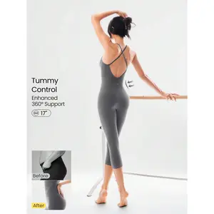 GLOWMODE 17" FeatherFit Rise And Shine Buttery-Soft Sweat-Wicking Crisscross Open Back Tummy Control Removable Cups Bodysuit Low Impact Yoga Studio Daily Wear