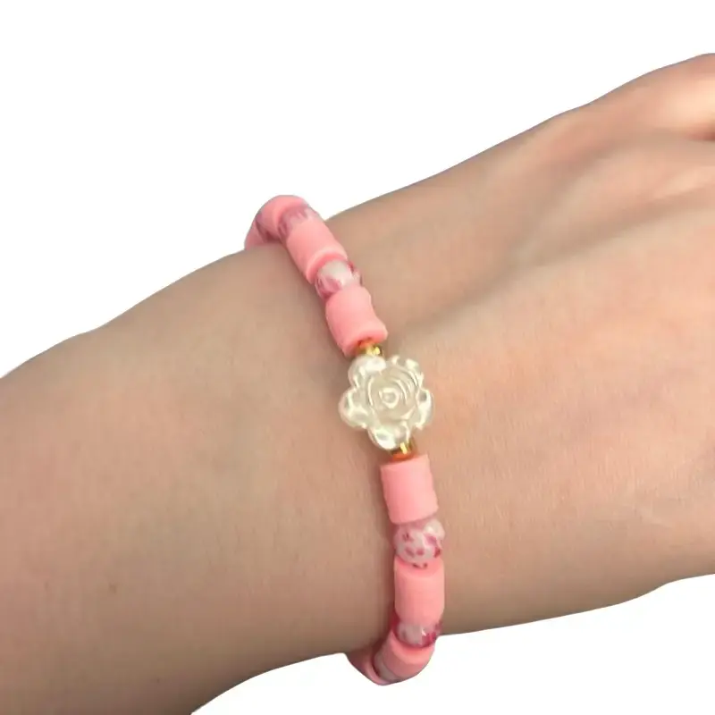 Bracelets & Bangles - Pink clay and ceramic bracelet with a faux pearl center arm candy