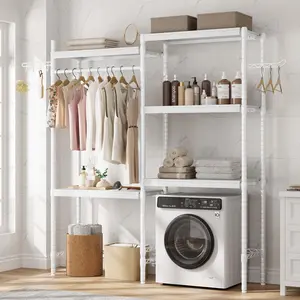 30" Adjustable Washer Dryer Shelf, 5-Tier Heavy Duty Laundry Organizer with Shelf Capacity, Ventilated Double Wood Shelves for Stackable Units White