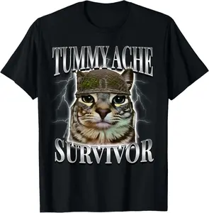 Tummy Ache Survivor Cat Meme Funny Saying Cats Animals Summer Casual Shortsleeve Cotton T-Shirt