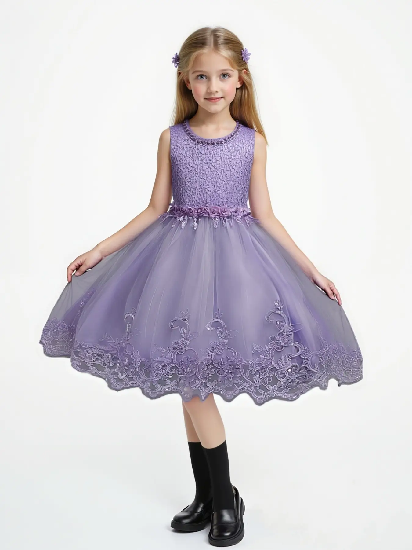 Girl's Floral Embroidery Beaded Bow Back Tulle Dress, Elegant Sleeveless Round Neck Dress for Party Wedding Guest, Kids Clothes for All Seasons