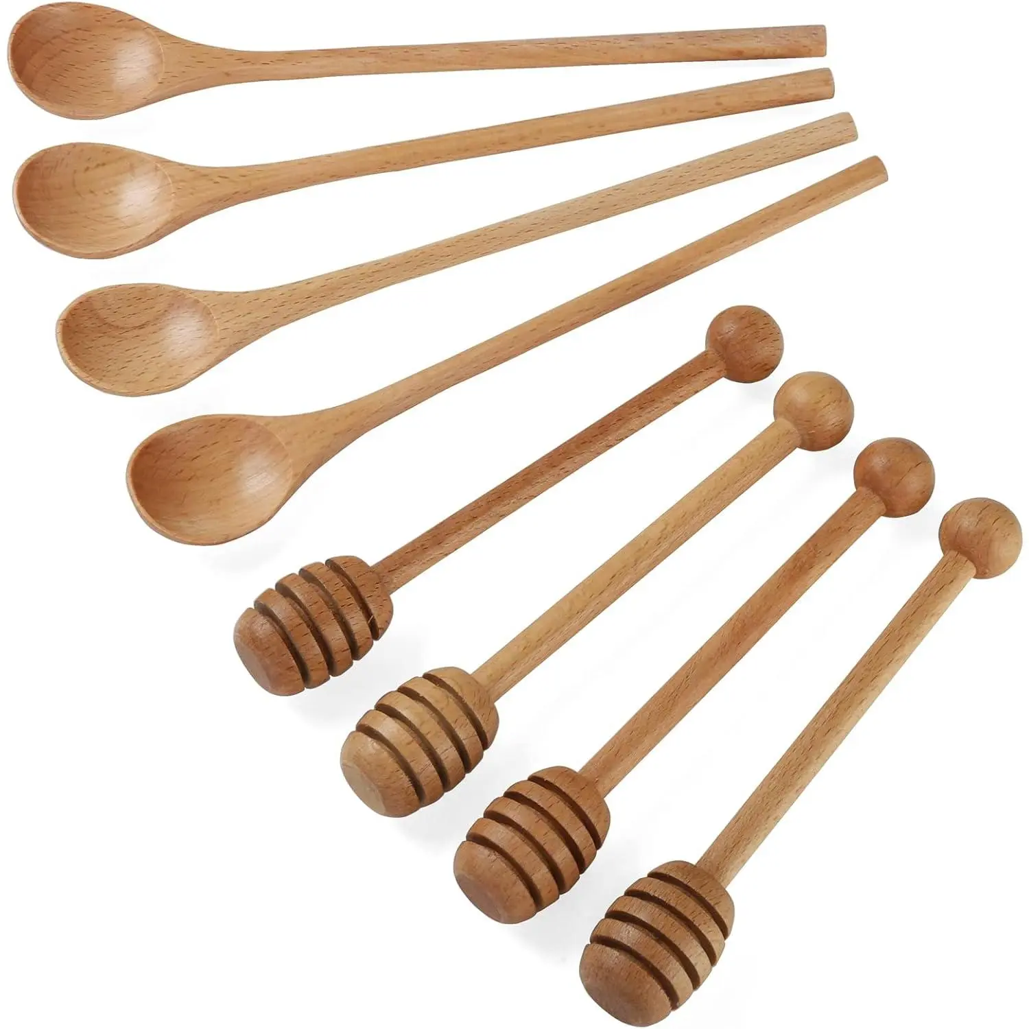 4 count 6 Inch Honey Dipper Sticks and 4 count 7.87 Inch Coffee Stirring Spoons, Beech Wooden Honey Spoon Stirrer for Honey Jar Dispense Drizzle Honey and Wedding Party