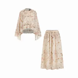 Cider Chiffon Floral Stand Collar Oversized Cropped Top & Mid Rise Ruffled Maxi Skirt Set