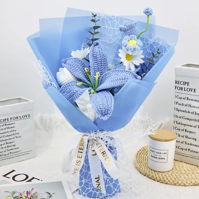 Handmade Crochet Lily Daisy Lily of Valley Bouquet Elegant Multi-color Decor Gift for Birthday Anniversary Graduation Mothers Day Valentines Day Greeting Card Included Birth Month Flowers