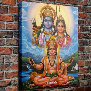 1 Piece Hindu Rama Sita Hanuman Wooden Frame Canvas Art - 11.8x 15.7inch (30x 40cm ) Vintage Religious Wall Decoration, Fine Craftsmanship Home Decor, Yoga Studio, Meditation Room and Temple Hanging Painting