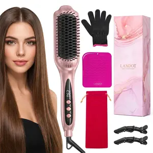 LANDOT Rose Gold Ionic Plastic Straightening Hair Brush - Ceramic Haircare Tool with 12 Adjustable Heat Settings (250-450°F) for Smoothing, Shiny Results, Ideal for Medium & Long Women's Hair, Dual Voltage, Daily Use, Gift, Luxury