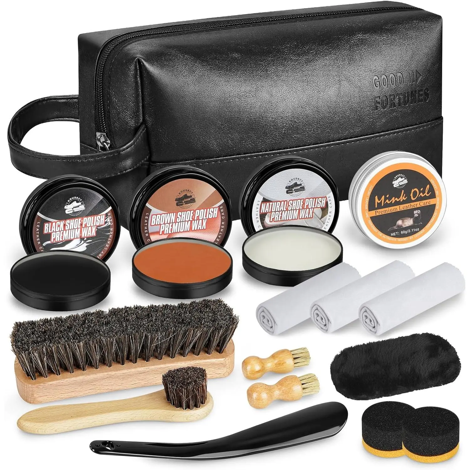 Shoe Shine Kit for Men & Women, 16 count Black Shoe Polish Kit for Leather Boots Care, Mens Gifts Ideas