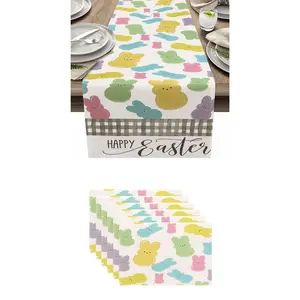 7pcs,Happy Bunny Easter Table Runner Set, 7-Piece Spring Decor, Indoor Family Gathering Decoration, Napkin Holders & Placemats Included