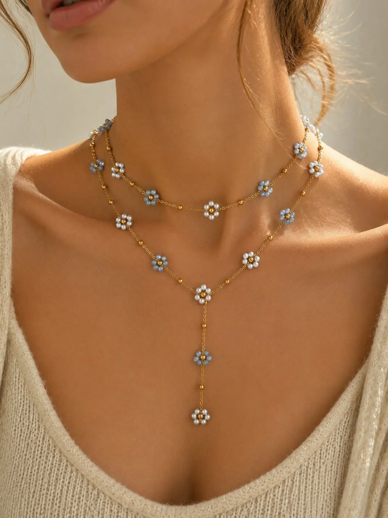 2pcs Gold Tone Daisy Flower Lariat Necklace Set, Pearl Layering Jewelry for Women
