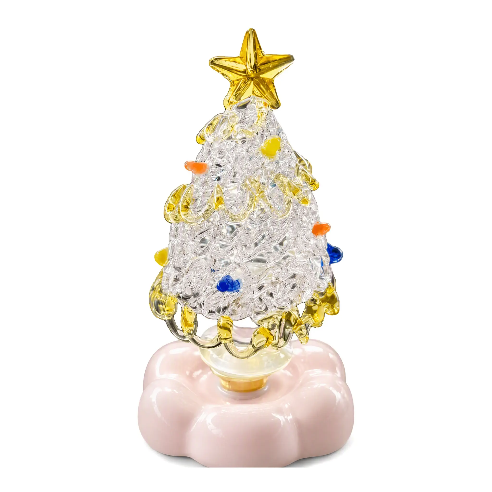 Handcrafted Mini Glass Christmas Tree Tabletop Ornament, Golden Star Topper Colorful Dots Decor, Pink Pumpkin Base Small Xmas Figurine, Cute Holiday Desk Decor, Ideal Christmas Gift for Friends Family Home Office Shelf Display