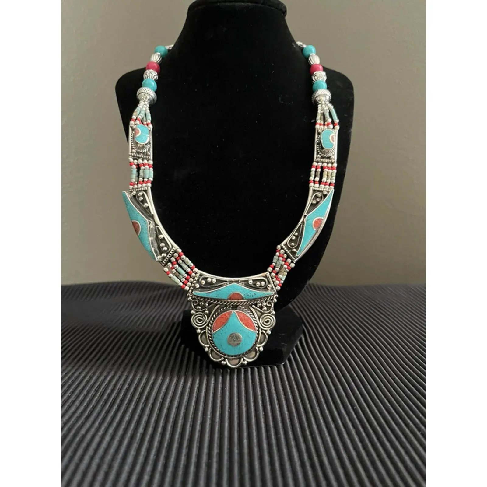 Tibetan Jewelry Handcrafted German Silver Necklace with Real Turquoise Lapis Lazuli & Red Coral Beads
