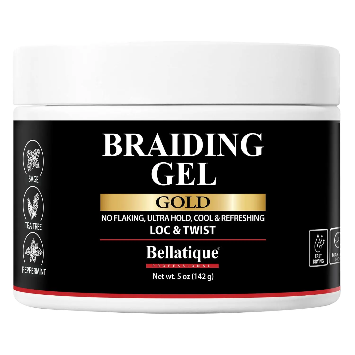 Bellatique Gold Tea Tree Scent Braiding Gel - 5 oz Locs Mousse & Gel, Maximum Hold for Locs & Twists, No Flaking, No Whitening, Fast Dry, High Shine, Cool Refreshing Effect Haircare Styling Product