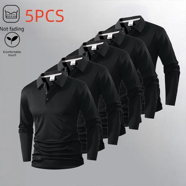 Men's 5 Pieces Pack Long Sleeve Polos Quick Dry Breathable Wrinkle Free Business Casual Turn Down Collar Tees in Multiple Colors