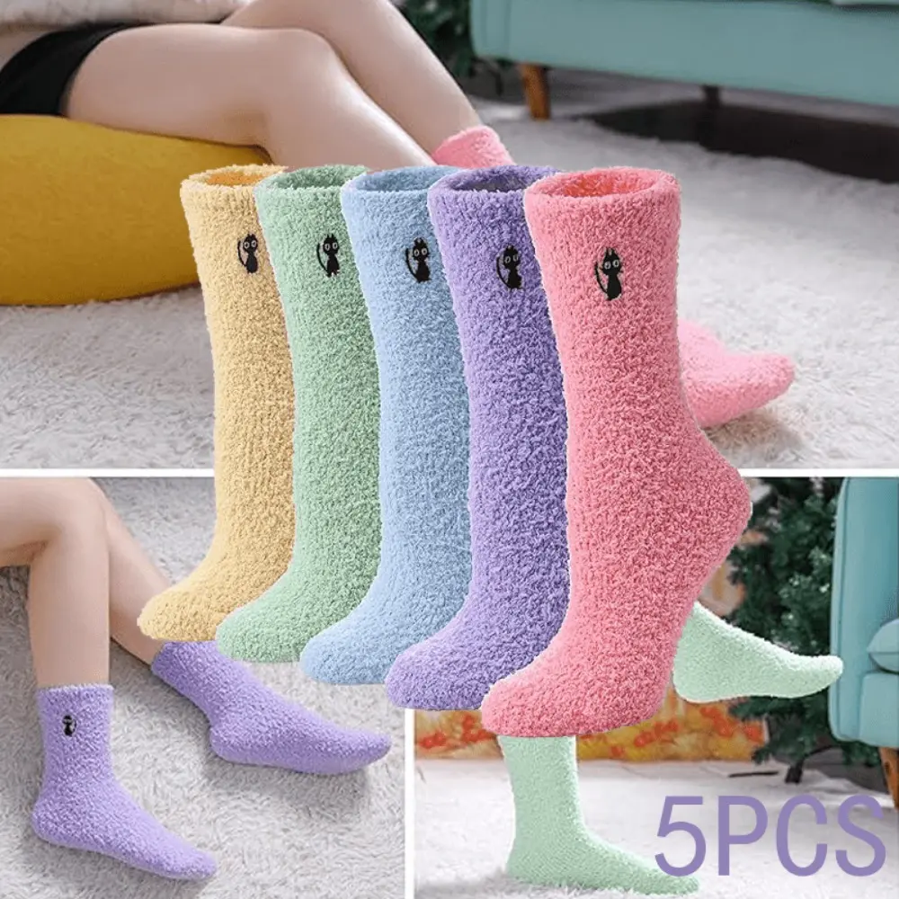5 Pairs Women'S Plush Winter Mid-Calf Socks - Soft Fleece-Lined Candy Color, Thick Soft, Comfortable Fluffy Socks for Home Sleeping,Warm Socks, Cozy Home Wear, Playful Sock Patterns