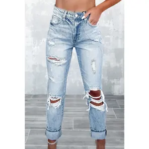 Sky Blue Light Wash Frayed Slim Fit High Waist Jeans