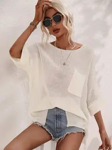 Elegant Knit Pullover Top, Round Neck Sweater, Short Batwing Sleeves, Loose Fit, Chest Pocket, Solid Color, Suitable for All Seasons
