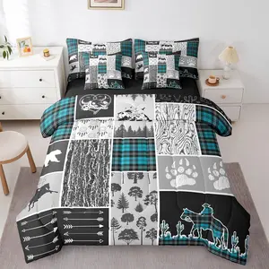 7 Piece Western Bedding,Farmhouse Horse Cowboy Comforter Set with Sheets, Cabin Decor,Retro Mint Green Plaid Grid Bed in a Bag