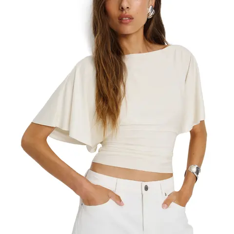 Hixiaohe Women's Fitted Short-Sleeve Boat Neck Knit Tshirt - Casual Cropped Blouses, Urban Fashion, Basic Training, Back to School Wear