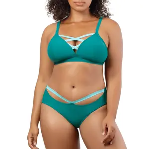 PARFAIT LAUREN BIKINI SET - S8222 WIRELESS TRIANGLE BIKINI TOP WITH STRAPPY BACK AND REMOVABLE PADDING AND S8223 WOMENS HIGH WAIST BIKINI BOTTOM CONTRAST PANEL SCULPTING SWIMWEAR - DARK MINT