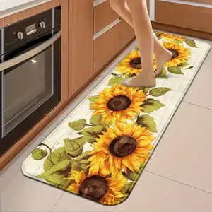 Sunflower Green Leaf Doormat - Non-slip Rectangular Kitchen Floor Mat, Suitable for Indoor/Outdoor Use, Machine-washable Soft Entryway Bathroom Mat with Sunflower Pattern