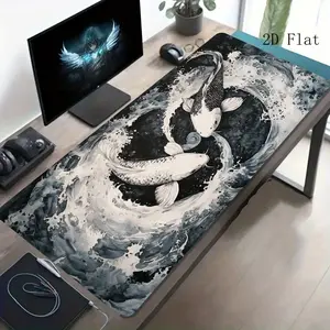 High Quality 1 Large Non-Slip Gaming Mouse Pad Compatible For PC/Laptop, Desk Suitable For Office & Computer, Washable Rubber Base With Koi Fish Wave Retro Chinese Design, Thick For Gamers, Spacious Desk Accessory