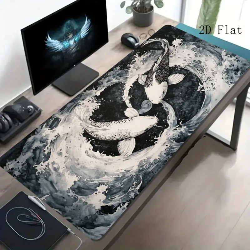 High Quality 1 Large Non-Slip Gaming Mouse Pad Compatible For PC/Laptop, Desk Suitable For Office & Computer, Washable Rubber Base With Koi Fish Wave Retro Chinese Design, Thick For Gamers, Spacious Desk Accessory