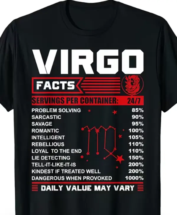 Virgo Facts Nutrition Label Zodiac Sign Retro Graphic Short Sleeve T-Shirt, Unisex Summer Back To School Astrology Lover Daily Tops, 100% Pure Cotton Printed Craft Summervibes Tee, Soft Breathable Loose Fit daily outfits