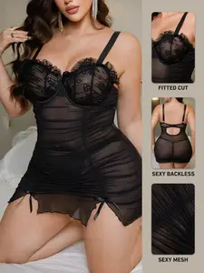 Valentine's Day Plus Size Lace Patchwork Mesh Lingerie Set, Sexy Folded Adjustable Classic Underwear with Steel Ring Straps, 2 Piece Sleepwear + Thong Dress, Fitted