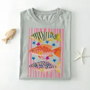 Comfort Cotton Preppy Fish T-Shirt, Female Fishing Shirt, Colorful Maximalist Sublimation, Summer Vacation Tee, Funny Beach T-Shirt, Girls Fish Gift for Her, Cotton Fabric vintage sturdy blue tops women clothing YX119