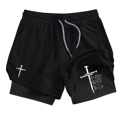 Men's Dual Layer Multi-Pocket Shorts with Cross Nail Print, Summer Quick-Dry Breathable Sporty Gym Workout Impact Shorts for Running and Fitness, Active Athletic Shorts, Athleisure Shorts, Activewear Shorts, Shorts Sportswear