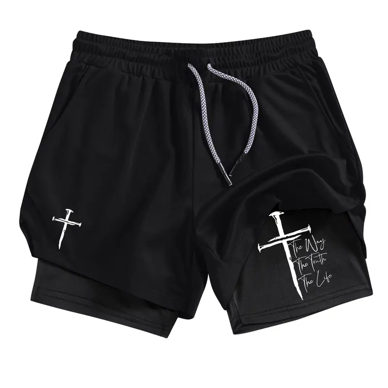Men's Dual Layer Multi-Pocket Shorts with Cross Nail Print, Summer Quick-Dry Breathable Sporty Gym Workout Impact Shorts for Running and Fitness, Active Athletic Shorts, Athleisure Shorts, Activewear Shorts, Shorts Sportswear