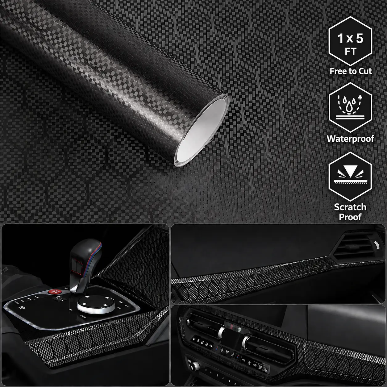 Honeycomb Carbon Fiber Vinyl Wrap, 1 ft x 5 ft Chrome Film, Flexible Chrome Hexagon Cast Vinyl for Curved Car Trim with Air Release Adhesive for Car Interior Trim, Motorcycle Accents and DIY Projects