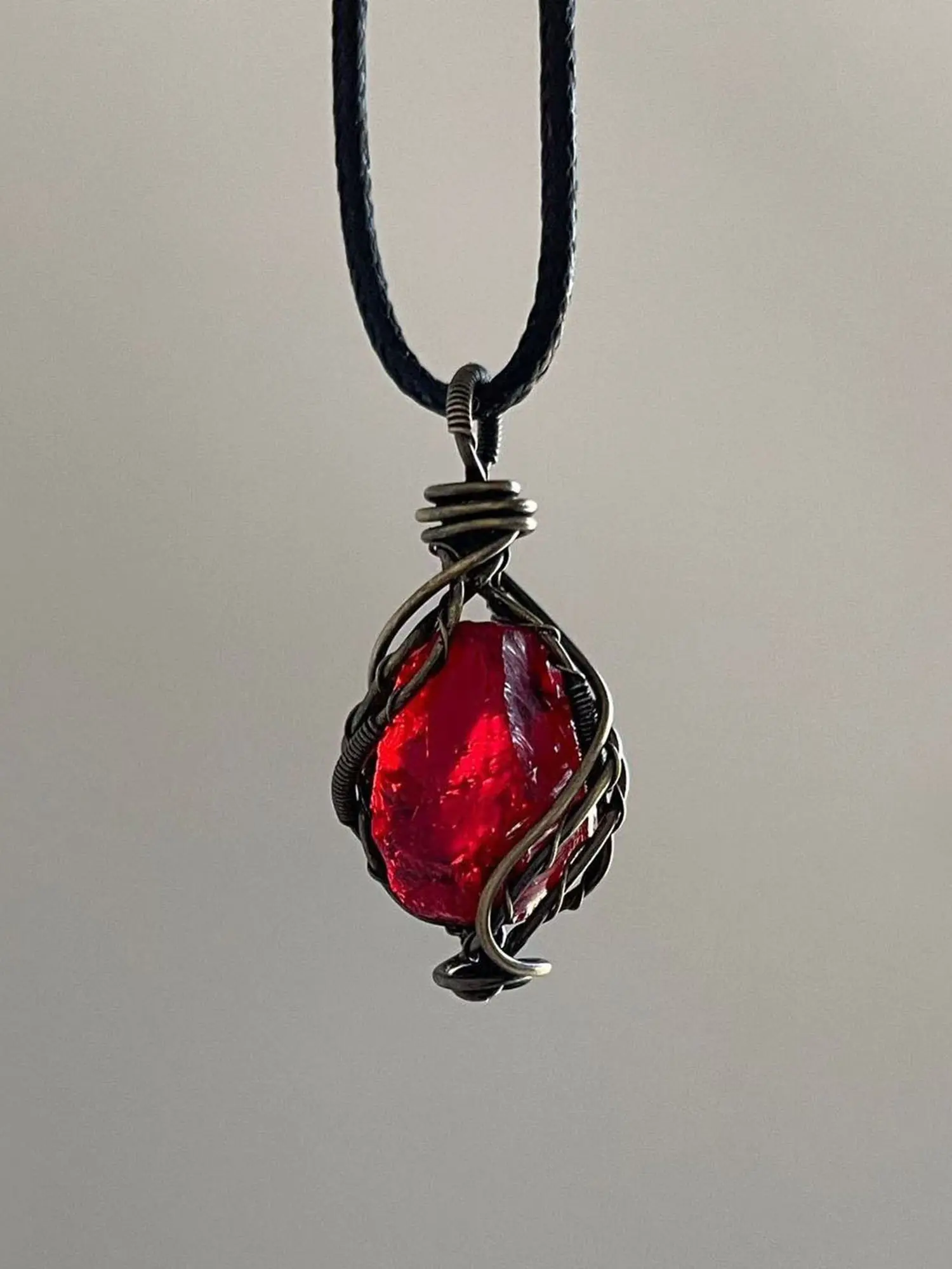 Handmade Synthetic Garnet Pendant, Vintage Aesthetic Bronze Wire Craft, Bohemian Chic Pendant, Bohemian Crystal Necklace, Healing Crystal Jewelry, Elegant Gift for Her