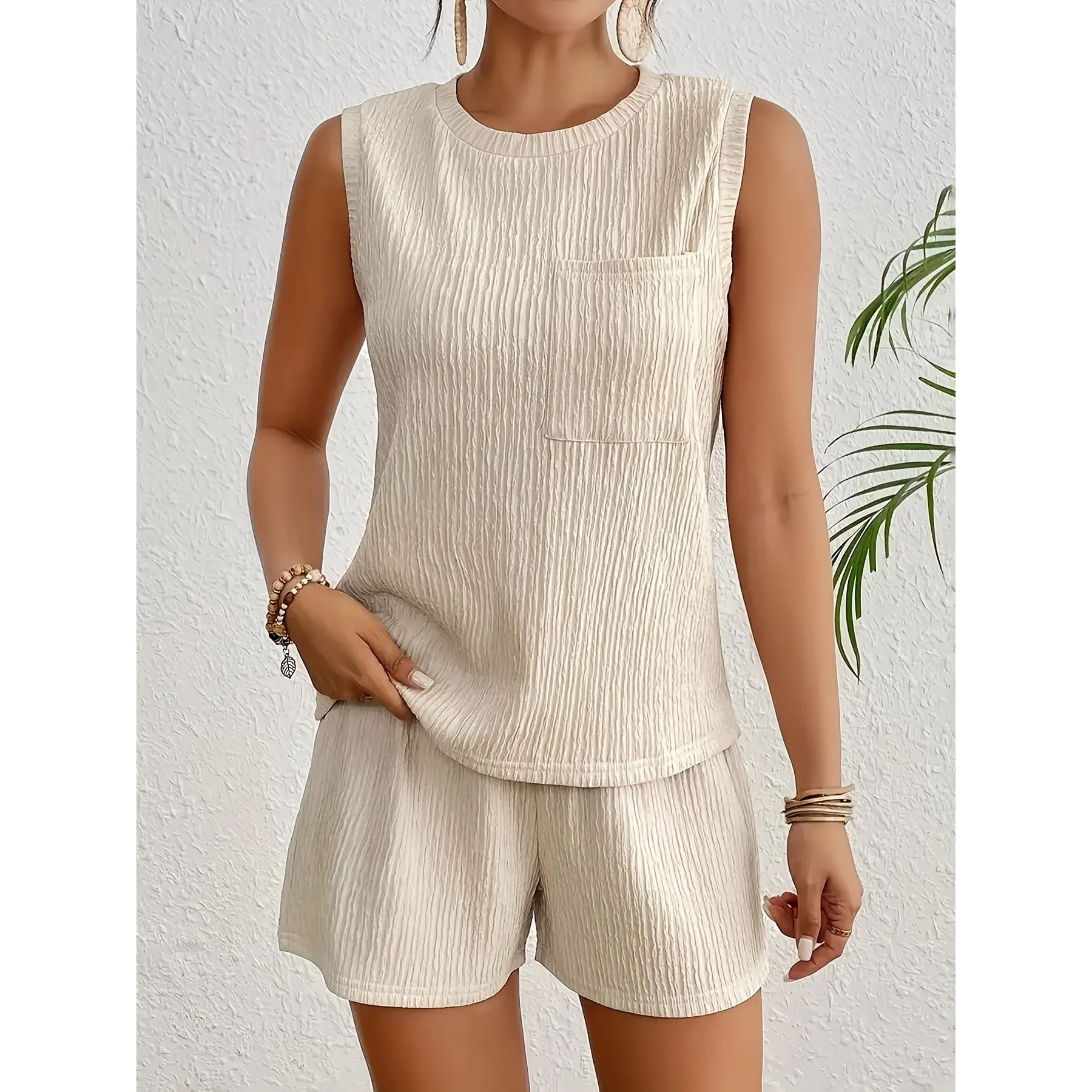 [Summer Outfit Set] Breathable Polyester Blend Summer Outfit Set - Elegant Women's Sleeveless Crew Neck Top & Machine Washable, Beach Set, Casual Vacation Clothes Womenswear Knit Solid compression shirts gym shirts Suits Gamis