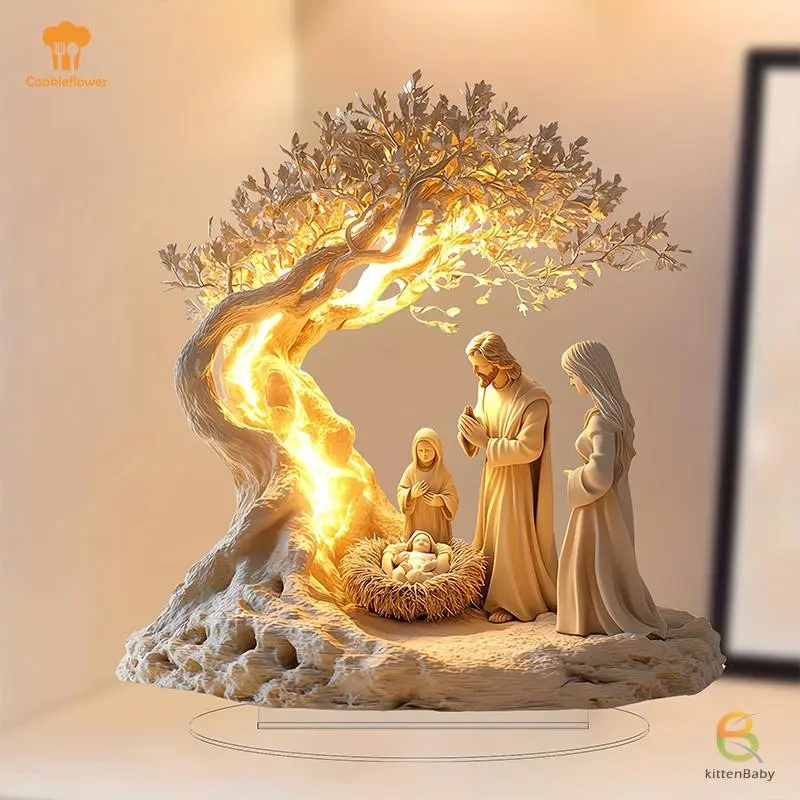 Christmas Nativity Set with Lighted Tree, Holy Family Statue, Christian Christmas Decor, Religious Gift for Home