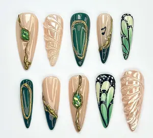 Emerald Butterfly Press On Nails | Green Gold Marble Fake Nails | Forest Fairy Nail Art | Butterfly Wings Acrylic Nails Satamiis