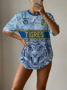 Women's Loose Fit Tigres Mexico Aztec Tiger Soccer Jersey, Football Jersey, Sports Jersey, Retro Blue Print World Cup Tee, Breathable Athletic Streetwear, Athletic Tops