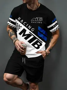 MTB Racing Party Set, Blue Color Block Suit, Cycling Fitness, Slim-Fitting Short Sleeve Top, Sporty Style