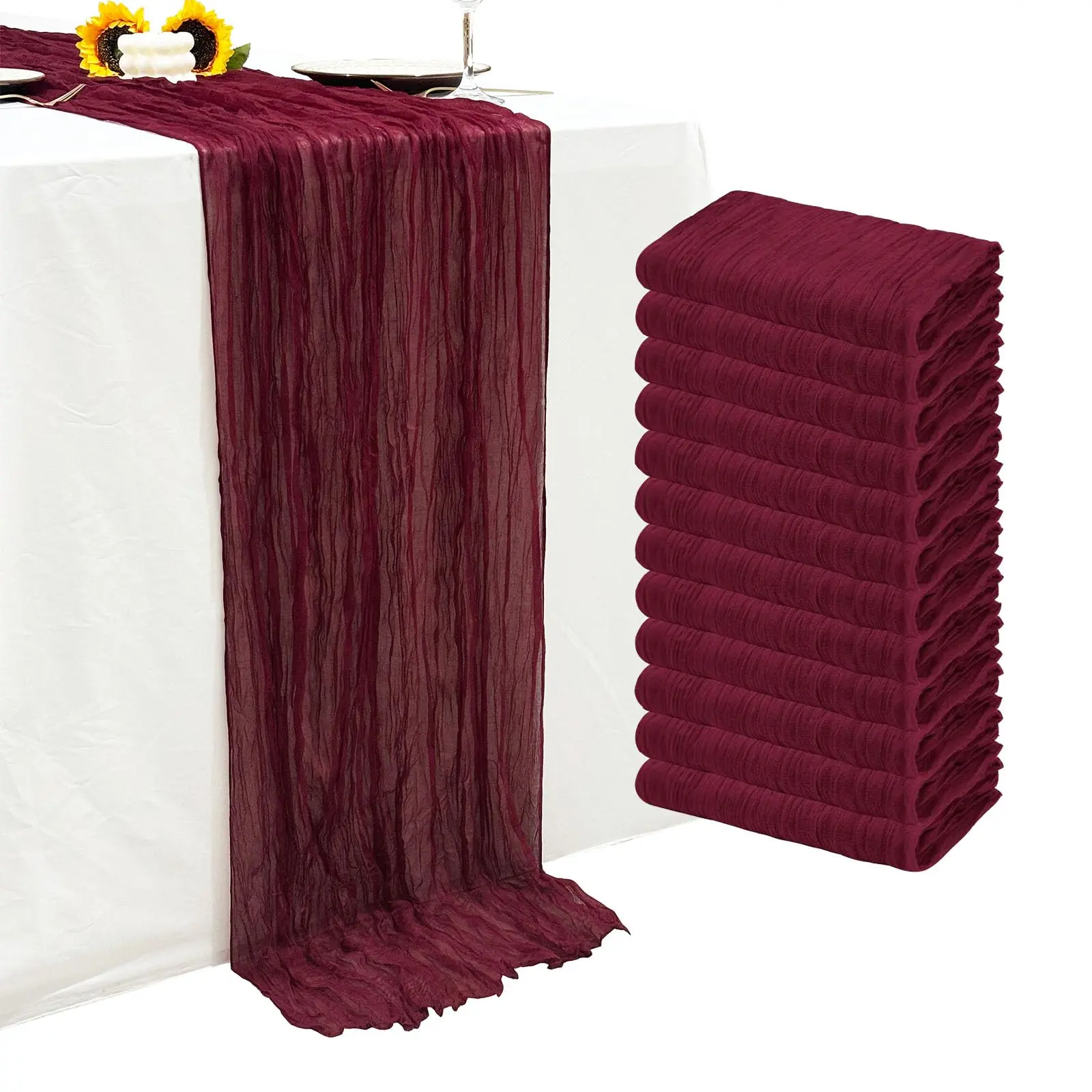 12-Pack Burgundy Cheesecloth Table Runners - Wine Red Gauze Table Linens, Traditional Rustic Boho Elegant Home Decor for Wedding, Thanksgiving Events
